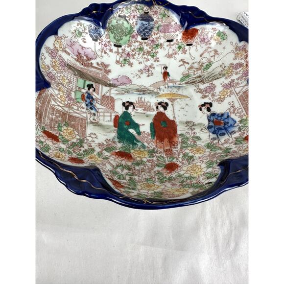 Japanese Antique China Cobalt Trim Geisha Floral Structure 1921-1941 - Picture 6 of 12